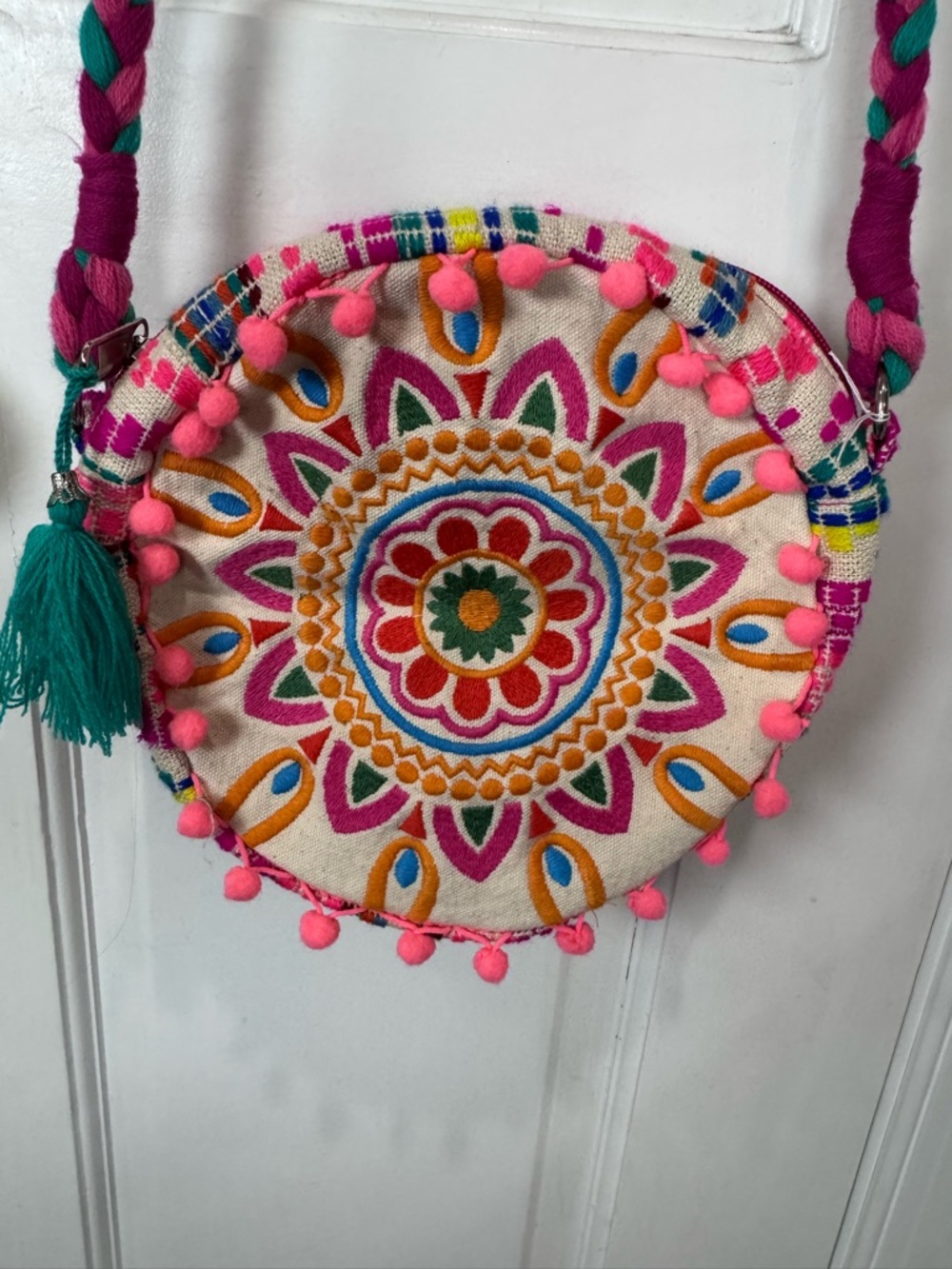 America & beyond handcrafted  boho round embroidered crossbody purse